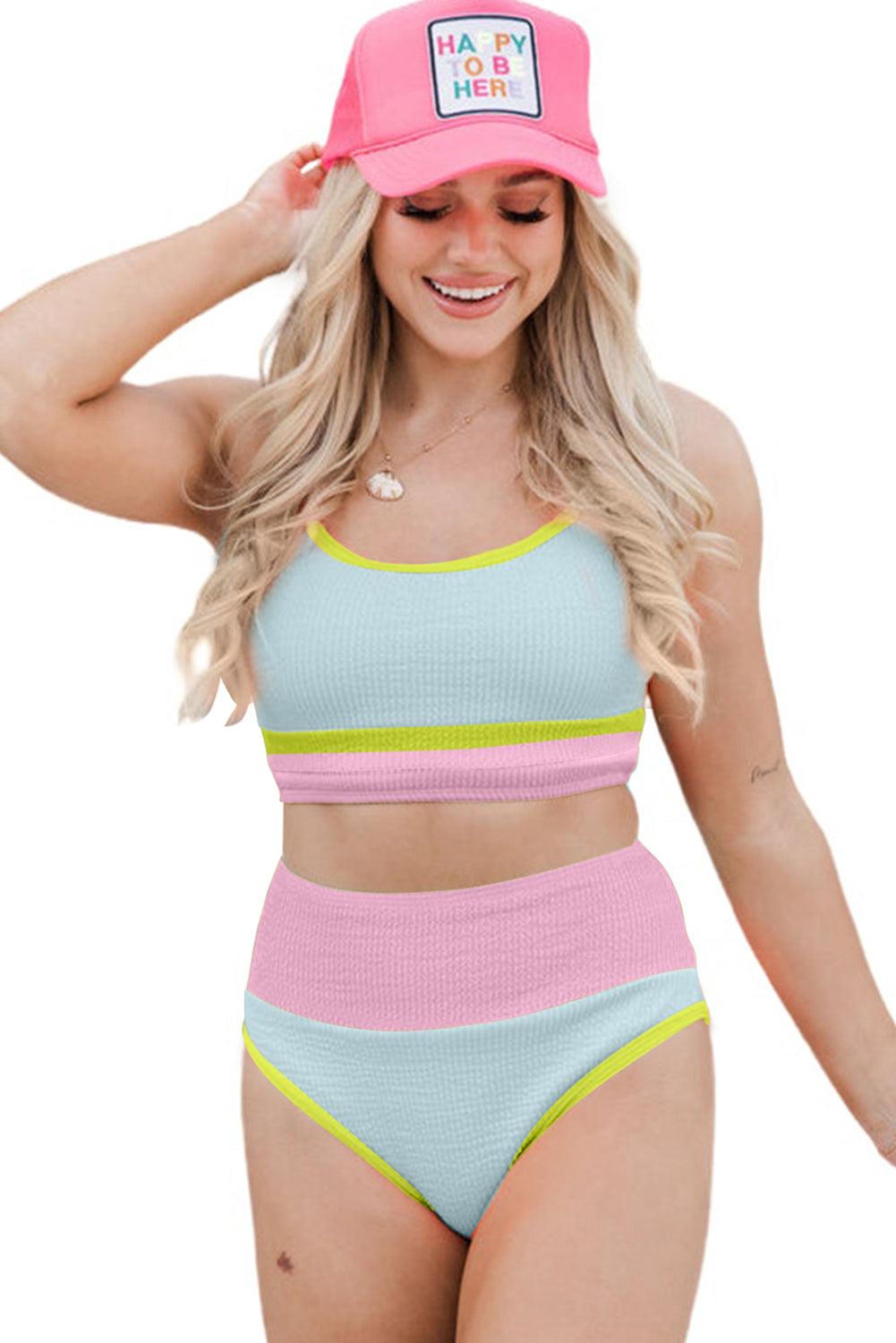 Bonbon Color Block Textured High Waist Sexy Bikini Set