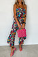 Blue Boho Tropical Print Ruffle Overlay Strapless Flared Jumpsuit