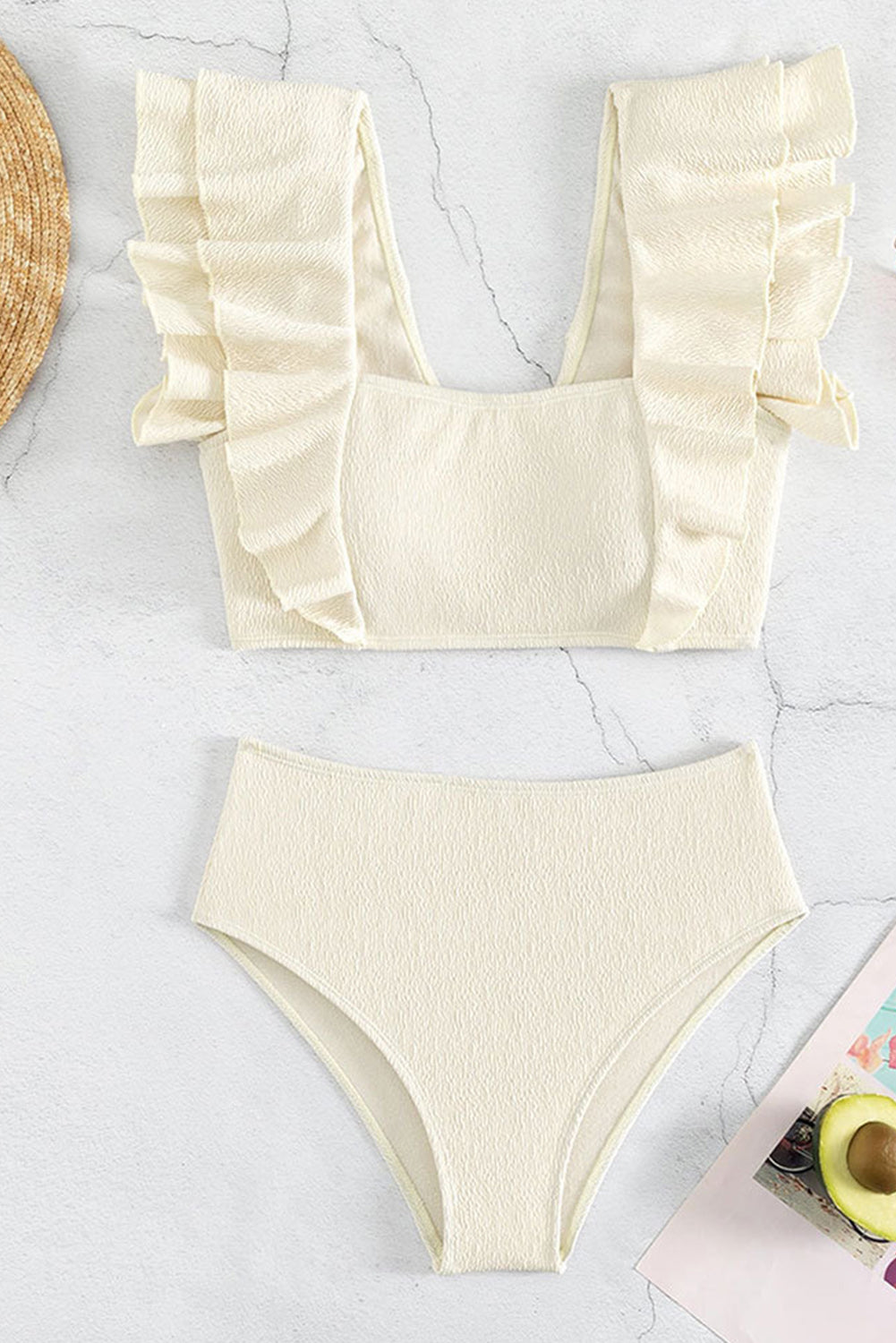 Beige Textured Ruffled Square Neck High Waist Tankini Swimsuit