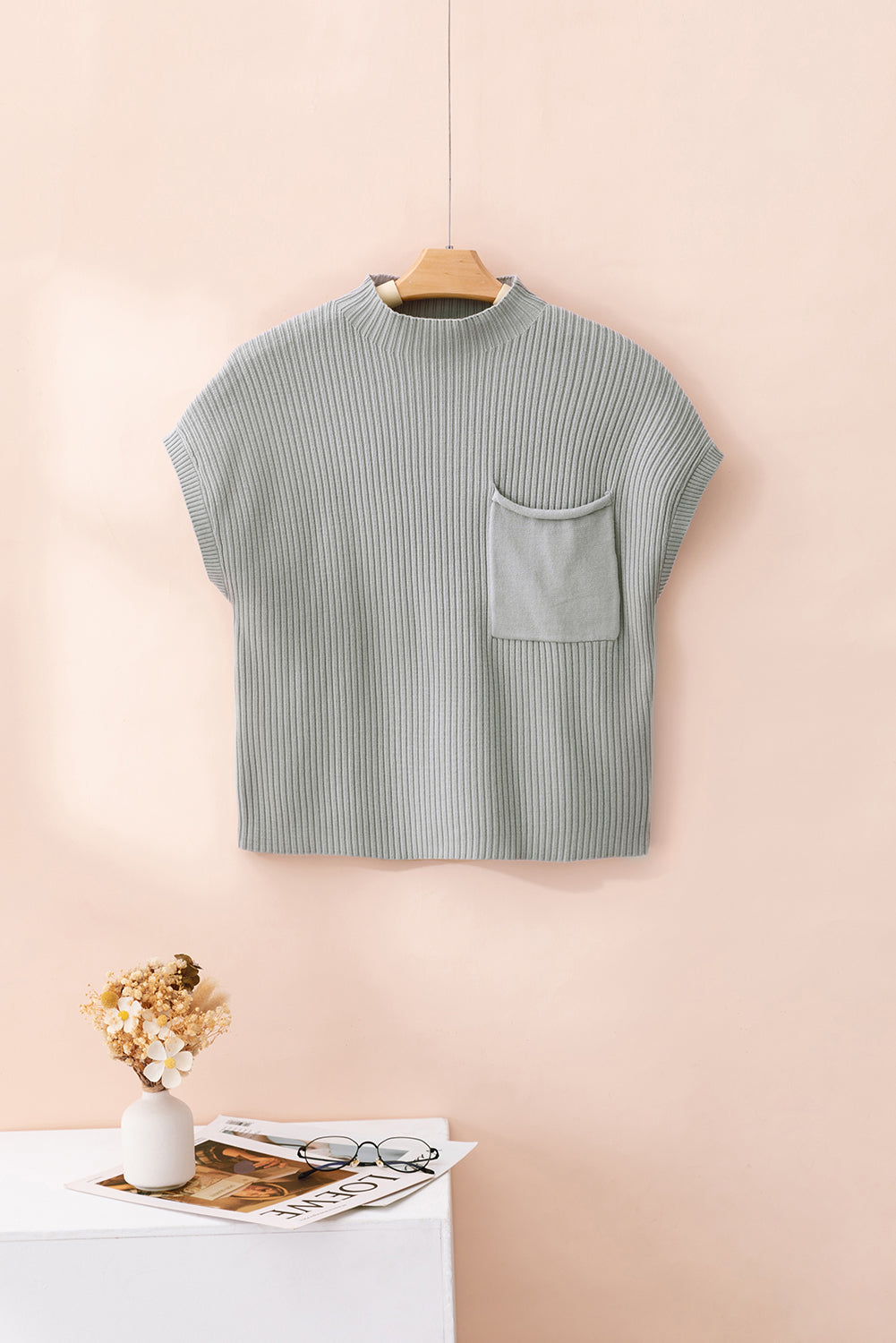 Pink Patch Pocket Ribbed Knit Short Sleeve Sweater