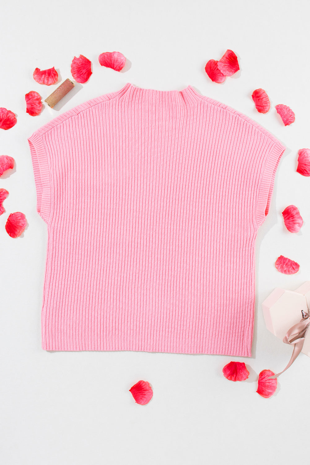 Pink Patch Pocket Ribbed Knit Short Sleeve Sweater