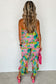 Blue Boho Tropical Print Ruffle Overlay Strapless Flared Jumpsuit