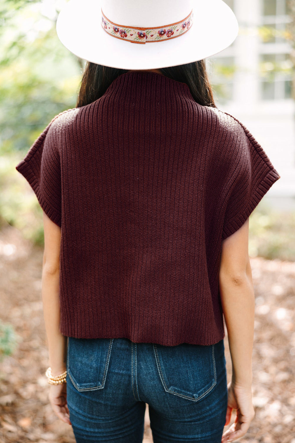 Pink Patch Pocket Ribbed Knit Short Sleeve Sweater