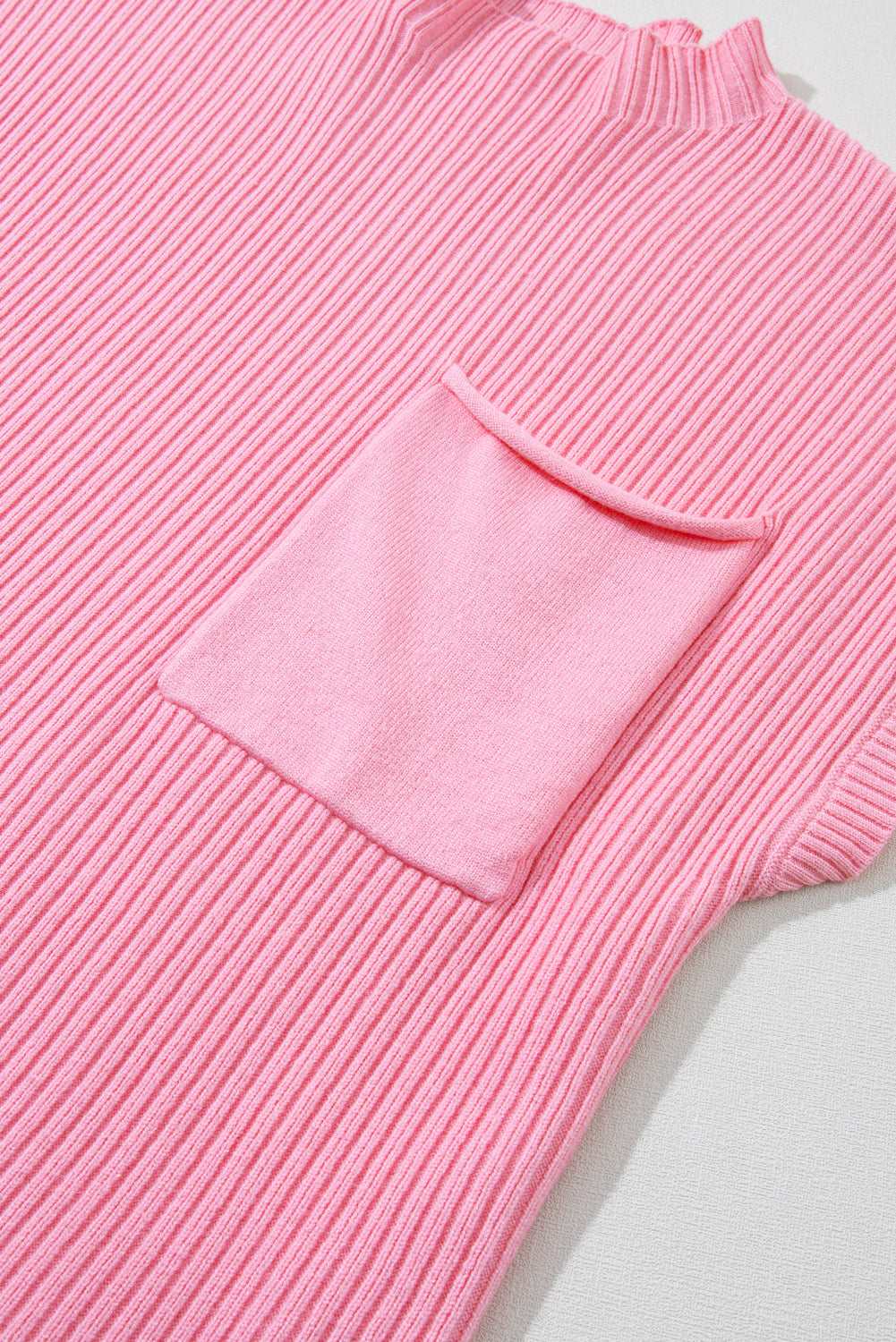 Pink Patch Pocket Ribbed Knit Short Sleeve Sweater