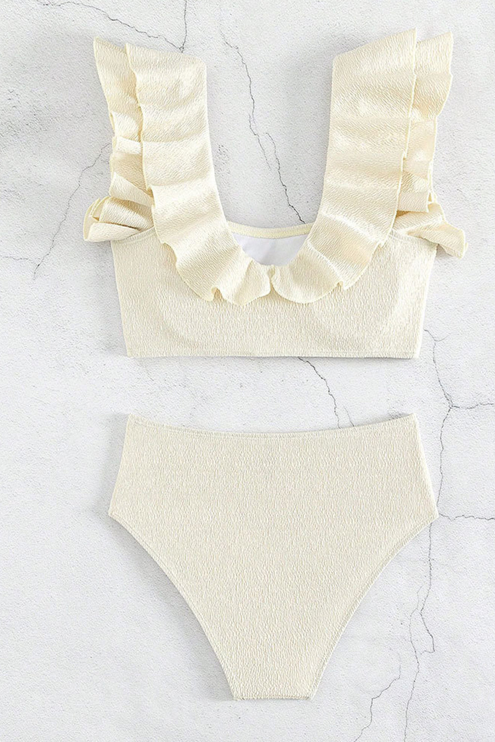 Beige Textured Ruffled Square Neck High Waist Tankini Swimsuit